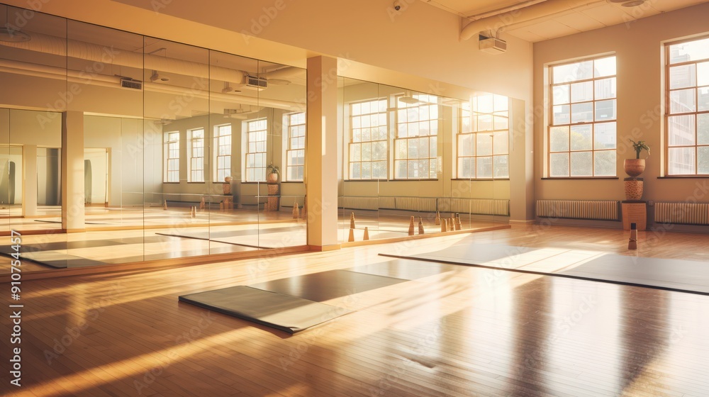 Yoga studio with a warm glow of morning sun Yoga studio with a warm glow of morning sun