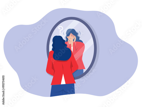 imposter syndrome, businesswoman looking shadow himself through mirror for Anxiety and lack of self confidence at work vector