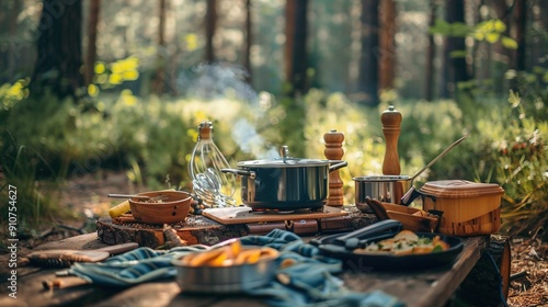 A Camping Meal Prepared in the Forest photo