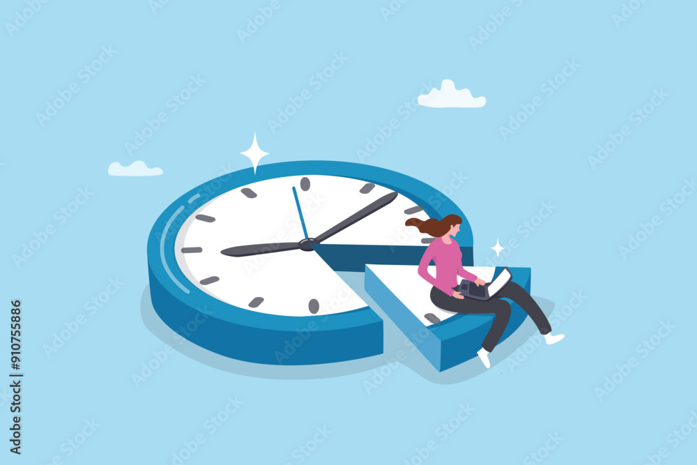 © Nuthawut - Part-time job, work tracking system, day planning or time management, side hustle or office work deadline, start and end time schedule concept, businesswoman working with laptop on split time clock. © Nuthawut - Part-time job, work tracking system, day planning or time management, side hustle or office work deadline, start and end time schedule concept, businesswoman working with laptop on split time clock.