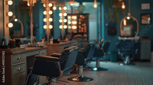 A vintage barbershop interior with wooden walls, tiled floor, and traditional barber chairs. The space is lit by hanging lamps and has mirrors above each chair.