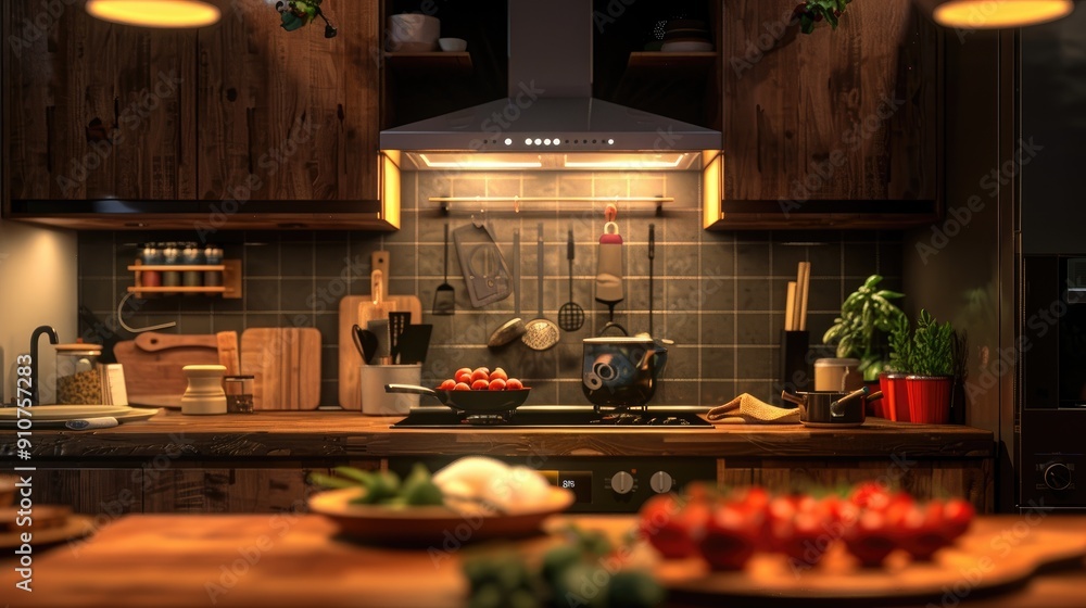 A wooden texture kitchen countertop, adorned with fresh produce, professional lighting, and a spacious layout. A wooden texture kitchen countertop, adorned with fresh produce, professional lighting, and a spacious layout.