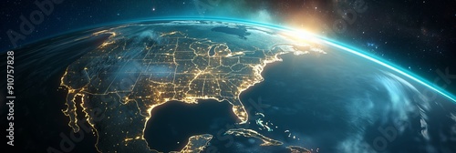 Obraz na płótnie A mesmerizing aerial view of North America at night, showcasing the beautifully illuminated cities and landscapes from space. w salonie