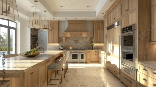 Traditional kitchen with white oak shaker cabinets, travertine countertop, front view, no island, modern hood in white oak, luxury house