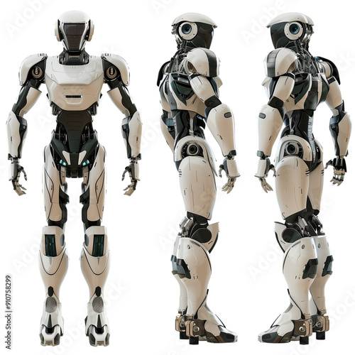 Full body front and back views of robot isolated on transparent background
