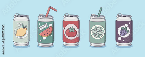 Open tin can with fruit, berry and vegetable fizzy soda and straw. Cute cartoon vector cold summer carbonated juice in aluminum jar with flavor of watermelon and tomato, mint and blackberry, lemon.