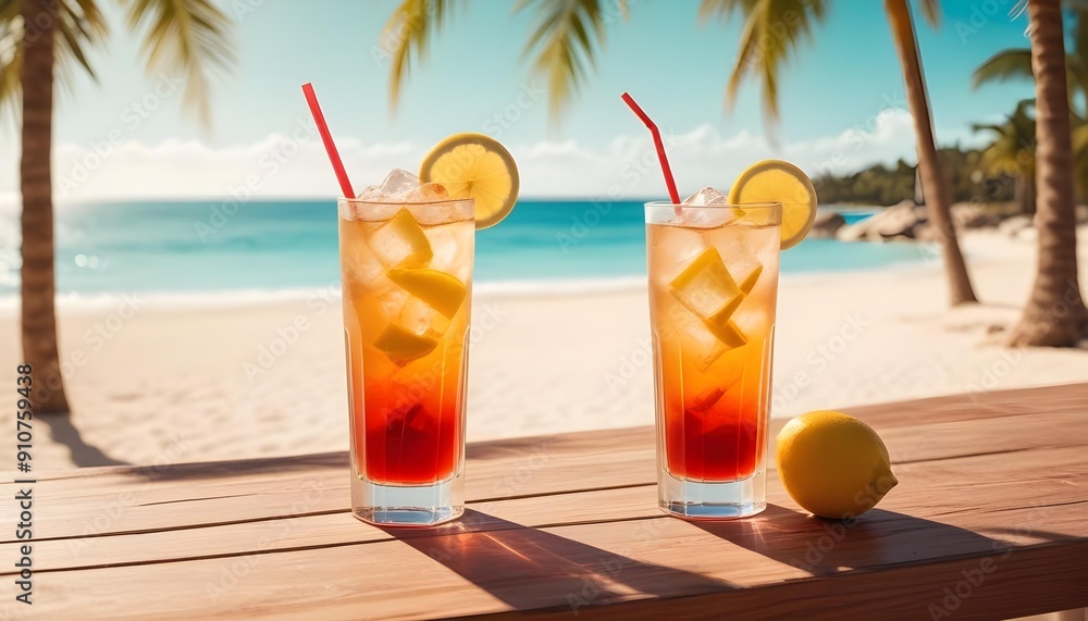 Obraz premium Cocktail with lemon behind bright view of beach