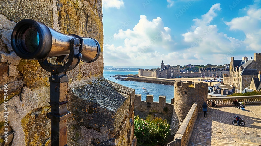 A View Through a Telescope of a Coastal City and Castle A View Through a Telescope of a Coastal City and Castle