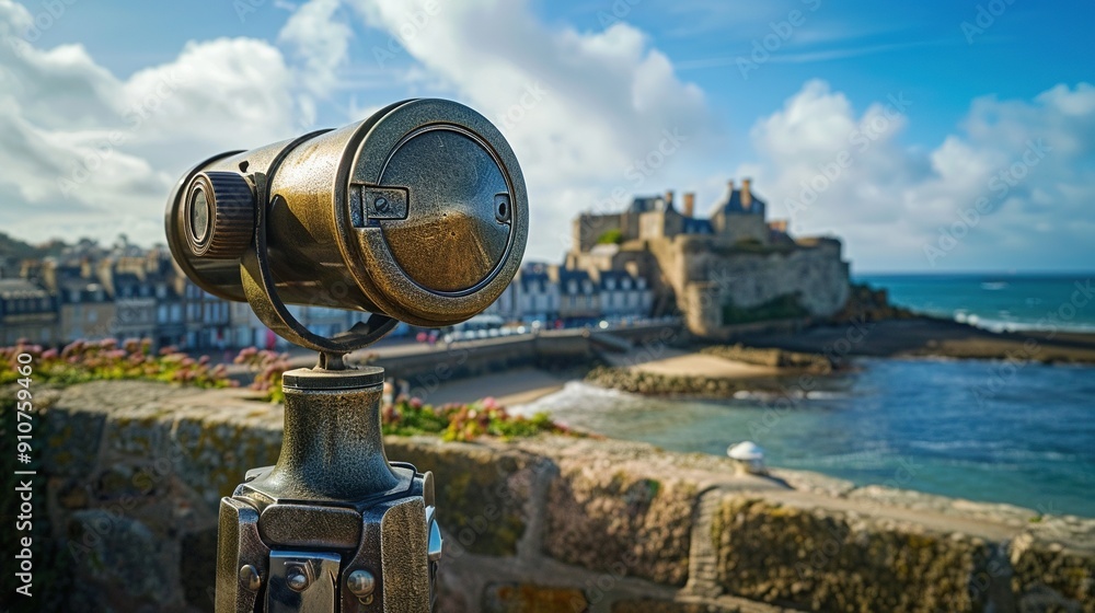 A Brass Telescope Looking Out At A Coastal Town A Brass Telescope Looking Out At A Coastal Town