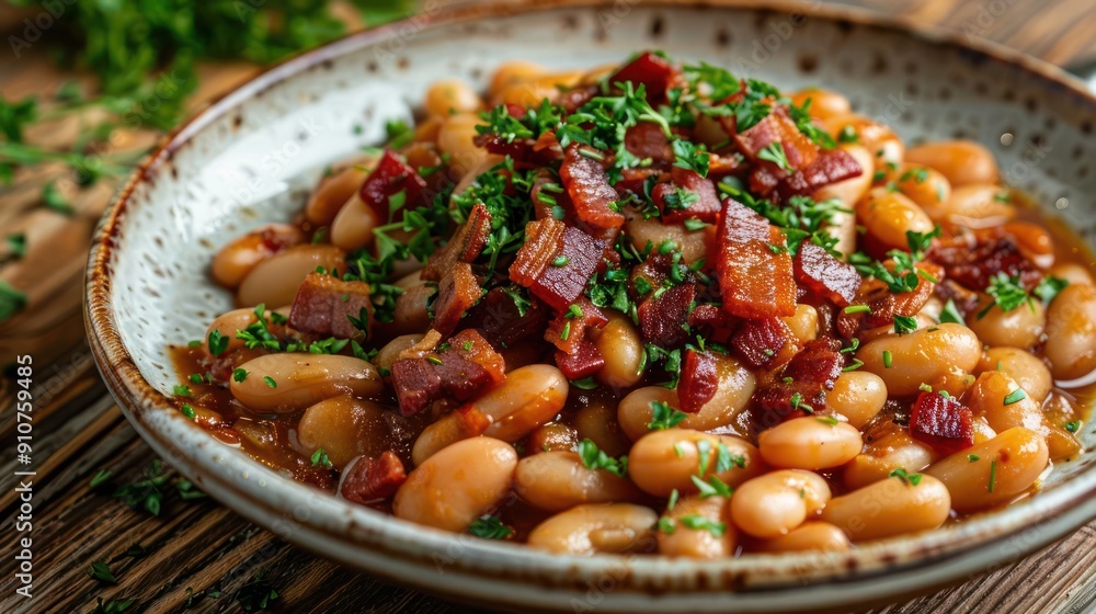 A dish of croquettes filled with white beans, smothered in a tomato-based sauce, garnished with chives and accompanied by a side of crusty bread. A dish of croquettes filled with white beans, smothered in a tomato-based sauce, garnished with chives and accompanied by a side of crusty bread.
