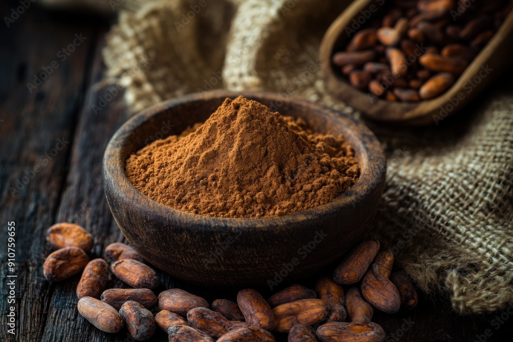Close-up of cocoa powder and cocoa beans in wooden bowls, showcasing natural ingredients used for baking and cooking. Close-up of cocoa powder and cocoa beans in wooden bowls, showcasing natural ingredients used for baking and cooking.