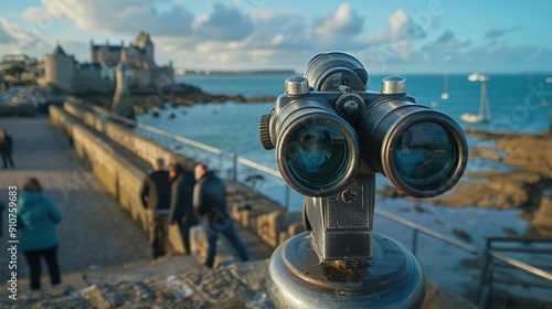 Binoculars Pointing Towards a Coastal Castle and the Sea photo