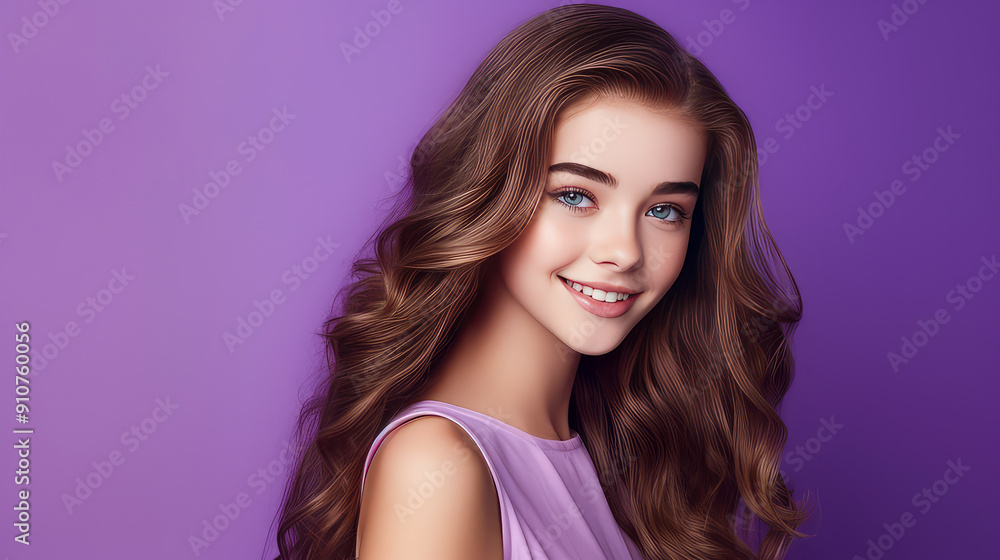 Portrait of a smiling cheerful teenage girl with perfect skin, purple background, banner. Portrait of a smiling cheerful teenage girl with perfect skin, purple background, banner.