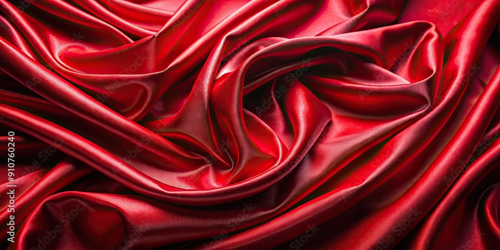 Obraz premium Red shiny velvet fabric with wavy folds on glossy material background, red, shiny, velvet, fabric, wavy, folds, glossy