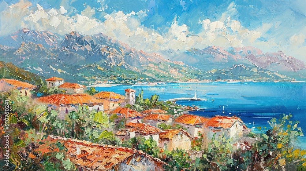 Fototapeta premium Mediterranean Coastal Village with Mountains and Sailboat