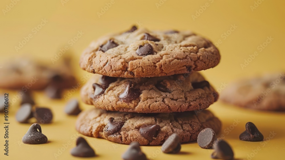 A close-up view of a plate stacked with chocolate chip cookies and chocolate pieces scattered around. A close-up view of a plate stacked with chocolate chip cookies and chocolate pieces scattered around.