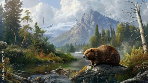 Beaver perched on a rock overlooking a pristine mountain lake photo