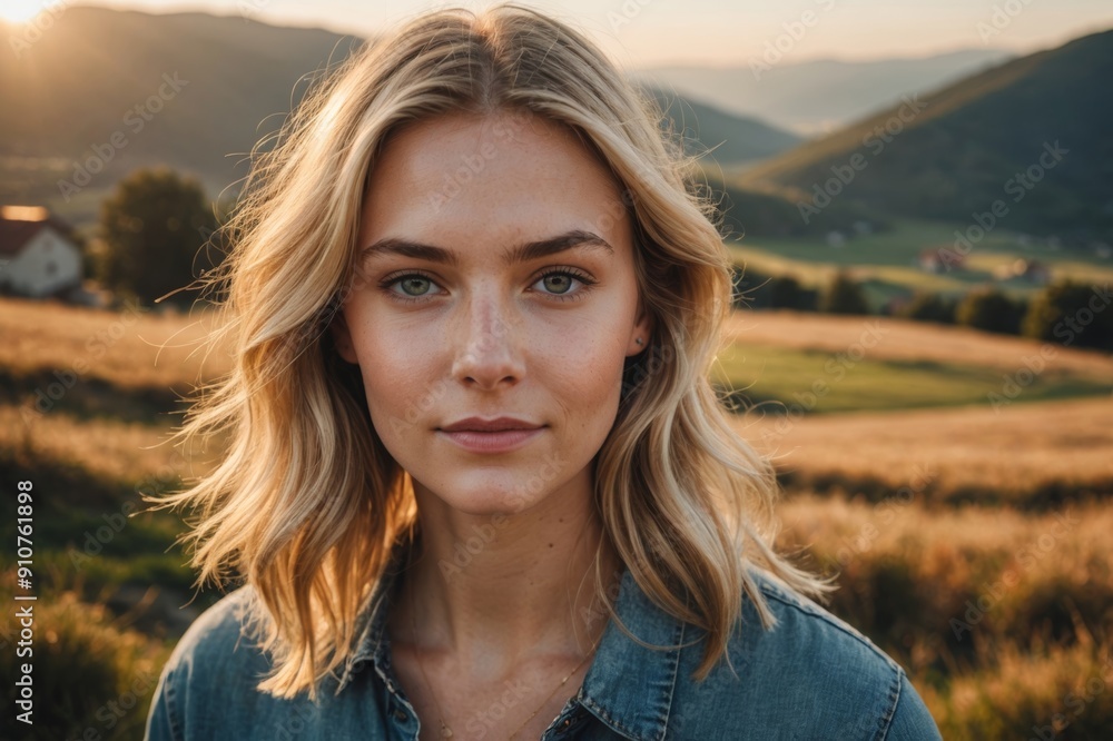 portrait of young Blonde woman looking at camera in rural mountain setting, golden hour lighting portrait of young Blonde woman looking at camera in rural mountain setting, golden hour lighting