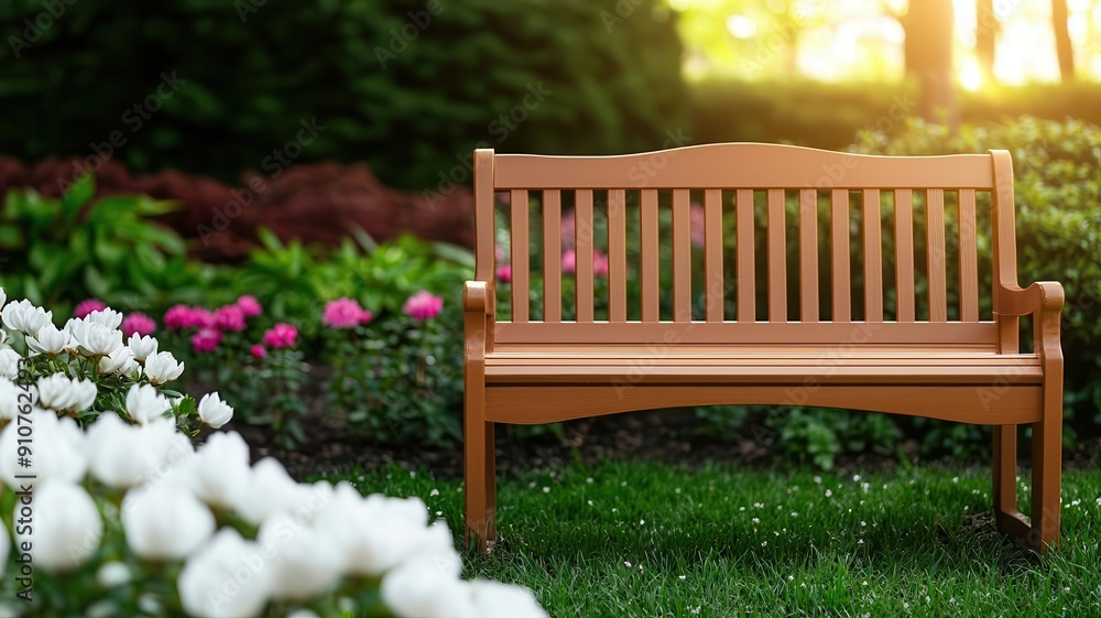 Peaceful garden with a wooden bench, surrounded by blooming flowers and morning light Peaceful garden with a wooden bench, surrounded by blooming flowers and morning light