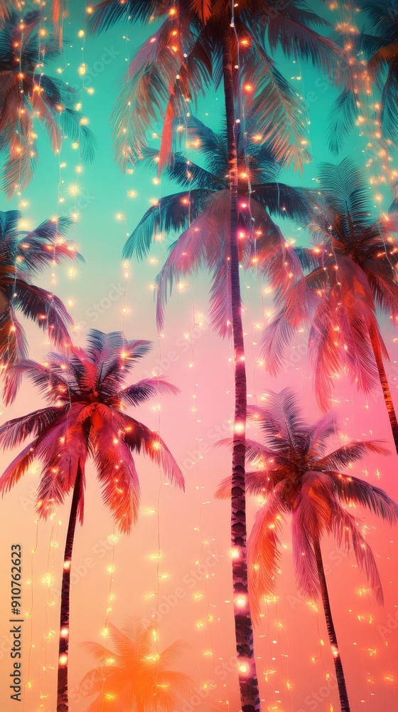 Palm Trees Adorned with Lights at Sunset Palm Trees Adorned with Lights at Sunset