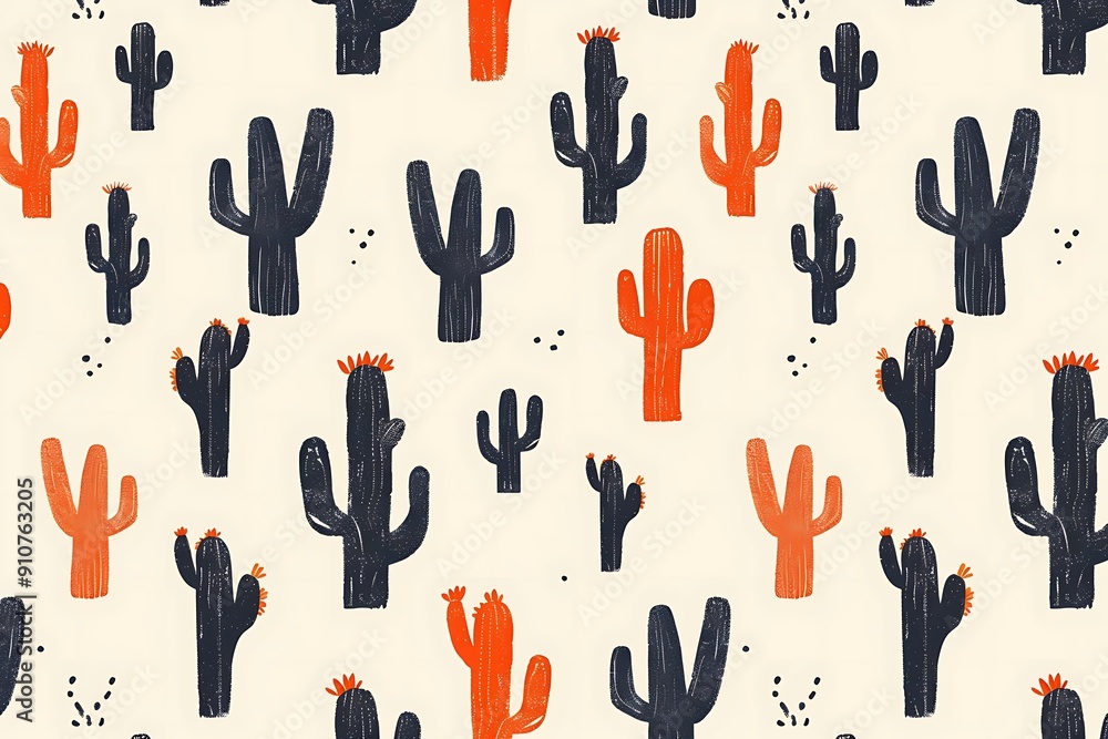 A vibrant pattern featuring various black and orange cacti against a light beige background, creating a playful and trendy design. A vibrant pattern featuring various black and orange cacti against a light beige background, creating a playful and trendy design.