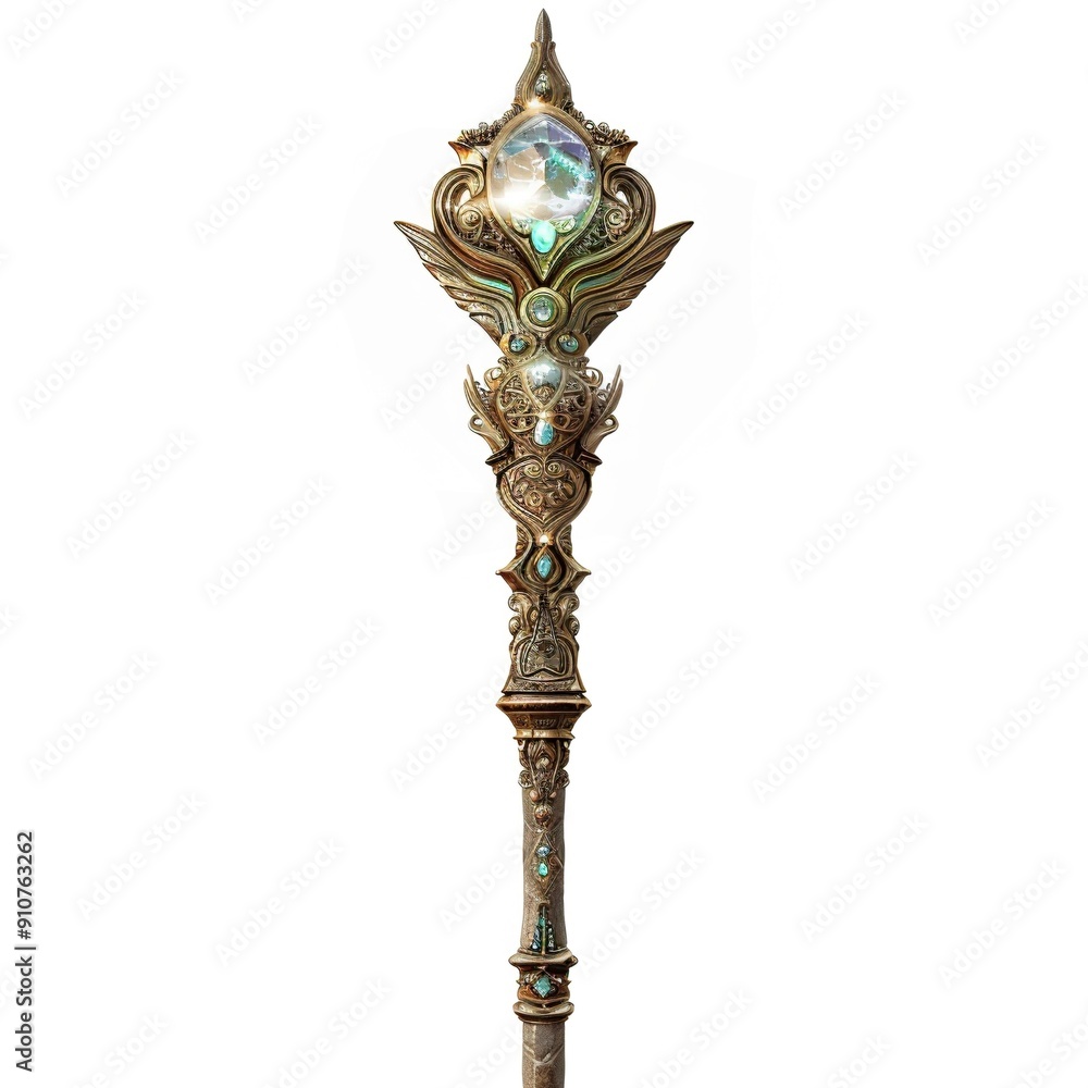 Ornate Golden Staff with Large Gemstone and Smaller Jewels Ornate Golden Staff with Large Gemstone and Smaller Jewels