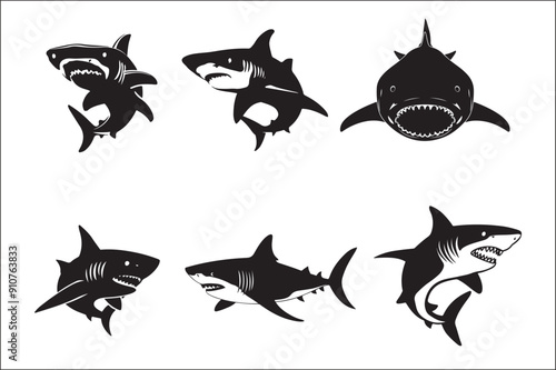 shark silhouette vector Bundle illustration. Different kind of sharks set. 