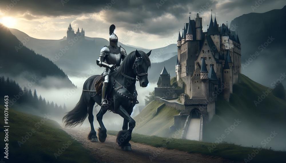 Naklejka premium photo of a medieval knight in armor riding a beautiful black horse