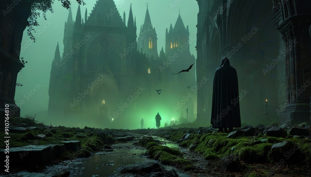 Dark Gothic Cathedral with Mysterious Figure Dark Gothic Cathedral with Mysterious Figure