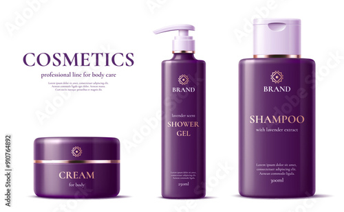 Hair shampoo bottle, shower gel and body cream purple packages cosmetic product template. Professional line with lavender extract of body care cosmetics. Realistic 3d vector jar and bottle mockups