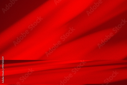 Wall interior background, studio and backdrops show products. with leaf shadow from window color red and white. background for text insertion and presentation of product