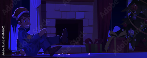 Male burglar in uniform and Xmas hat fall due to scattered push pins on floor while breaking into house on Christmas at night. Cartoon vector man thief in dark home living room with decorations.