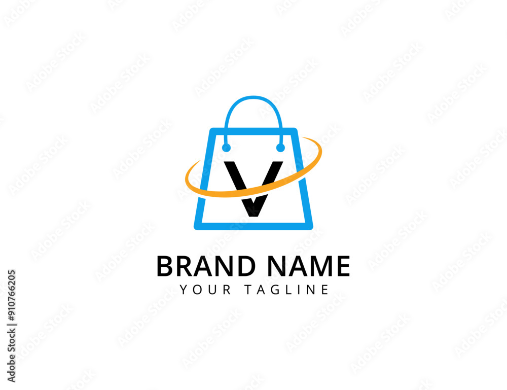 V Shop logo design. Shopping cart logo and shopping bags logo icon vector V Shop logo design. Shopping cart logo and shopping bags logo icon vector