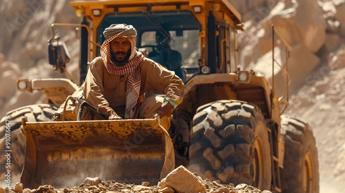 Man Operating Excavator in Desert Landscape
