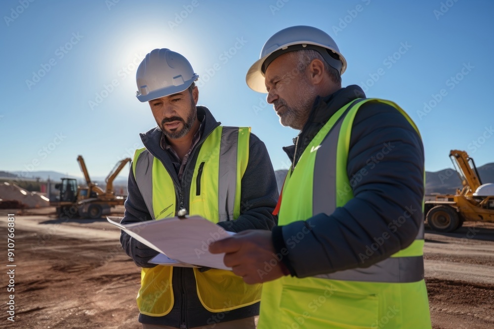 Two construction workers discuss plans for construction site hardhat helmet adult. Two construction workers discuss plans for construction site hardhat helmet adult.