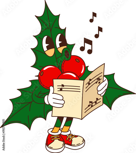 Retro groovy Christmas holly berry character with a sheet of music and a happy face. Isolated cartoon vector holly berry personage singing xmas holiday chorales, celebrating festive wintertime event