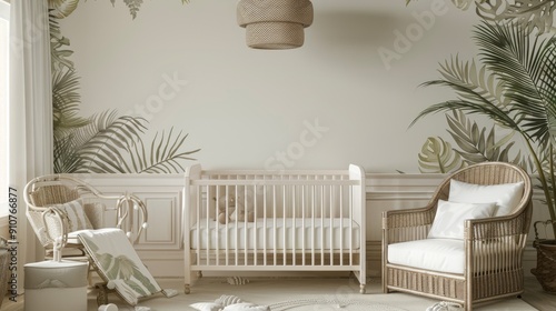 Eco style interior of children room. Children room hut floor. Baby nursery with panels shelf.