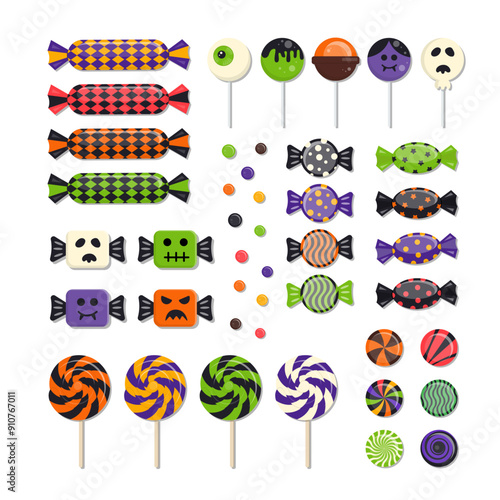 Halloween Candies Vector Collection. Set of Spooky Sweets, Lollipops and Sugar Caramel.