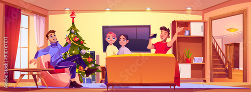 Teenagers play cruel joke on man. Male character scared and screaming because of drawn spider on his glasses with marker in home living room interior on Christmas. Cartoon vector teen brawlers.