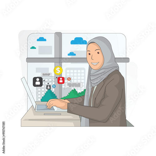 Hijab woman working in office using laptop