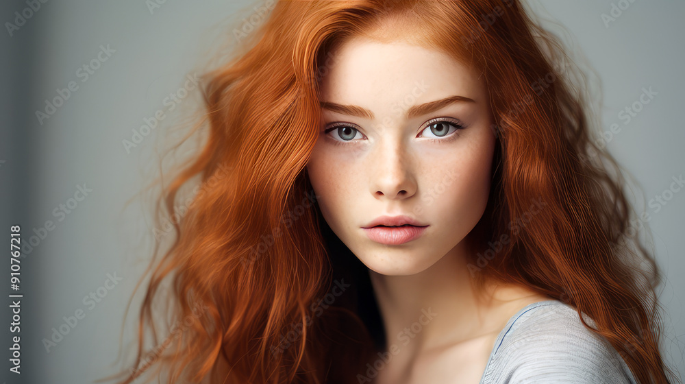 Portrait of a serious aggressive teenage girl with red long hair with perfect skin, silver background, banner. Portrait of a serious aggressive teenage girl with red long hair with perfect skin, silver background, banner.