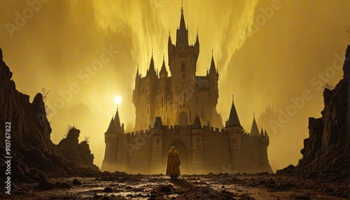 Spooky Castle at Dusk with Mysterious Figure