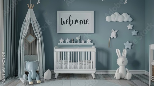 Eco style interior of children room. Children room hut floor. Baby nursery with panels shelf.