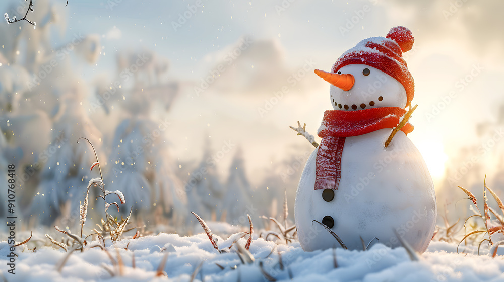 Obraz premium Panoramic view of happy snowman in winter scenery. Close-up