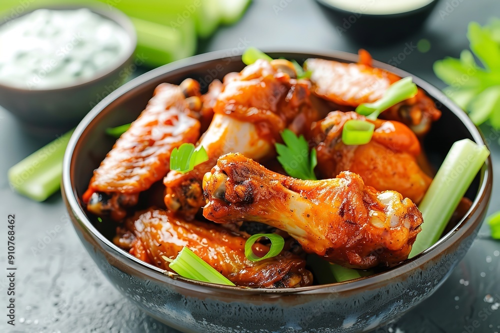 A bowl of spicy buffalo wings with celery A bowl of spicy buffalo wings with celery