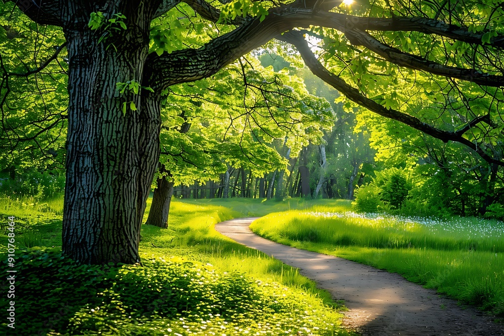 Naklejka premium A winding path through a lush forest, bathed in warm sunlight.