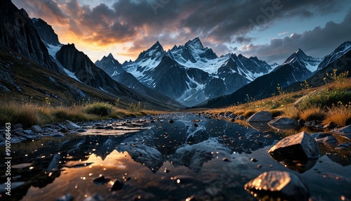 Snow-Capped Mountains at Sunset Reflection