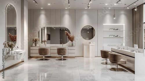 An interior layout for a modern, small, hair salon or beauty parlor in luxury style. Include styling chairs with mirrors and sleek storage for tools.