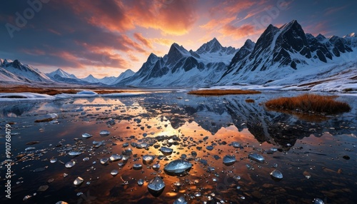 Snow-Capped Mountains at Sunset Reflection