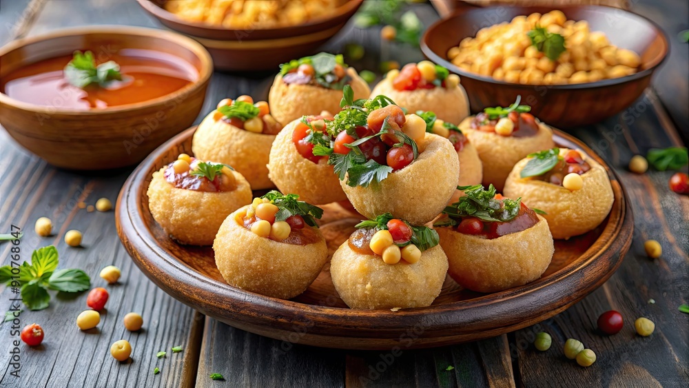 Crispy pani puri filled with chickpeas and drizzled with spicy sauce, a delicious Indian street food snack, crispy Crispy pani puri filled with chickpeas and drizzled with spicy sauce, a delicious Indian street food snack, crispy